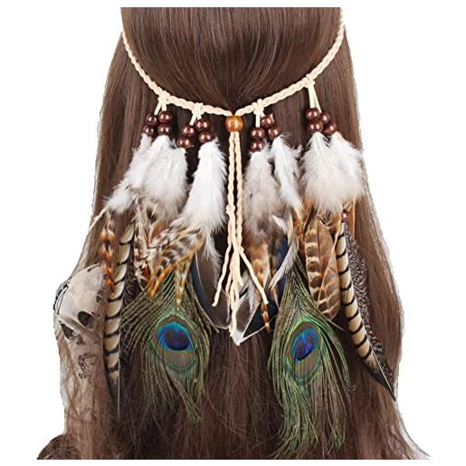 Fnjuucw fascia per capelli indiana con piume, nappe con piume e corda di canapa, accessorio per costume tribale dei nativi americani, accessorio da donna (a)