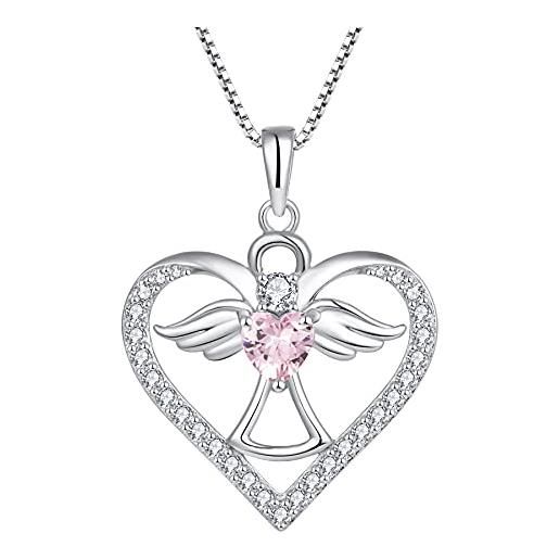 FJ collana cuore angelo custode argento 925 collana con ciondolo ala d'angelo collana ottobre pietra portafortuna tormalina rosa gioielli regalo per donna