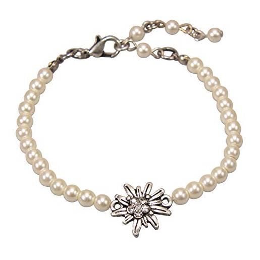 Alpenflüstern dab074 - bracciale tradizionale con perle e stella alpina in argento anticato, colore: bianco crema