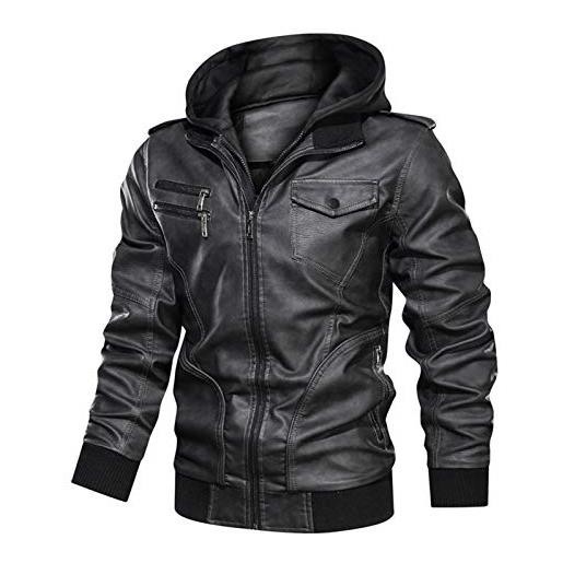 Minetom uomo giubbotto manica lunga finta pelle biker casuale giacca militare multi tasche hoodie cappotto con cappuccio a nero xxl