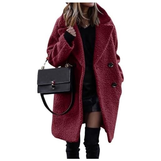ORANDESIGNE donna cappotto inverno cappotti in pile sherpa teddy giacca caldo giubbotto giacche pelliccia oversized cappotto autunno elegante a vino rosso m