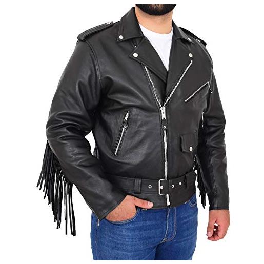 A1 FASHION GOODS giacca da motociclista da uomo in pelle bovina nera con frange in pelle e cintura con nappe - bill, nero , xxl