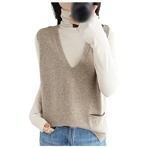 Kelsiop 100% lana merino maglione tasca gilet da donna scollo a v pullover fessura cashmere maglia senza maniche gilet allentato top, beige, xl