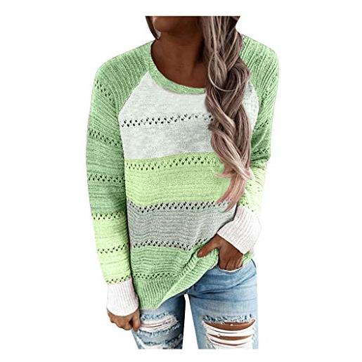 Fulidngzg maglione da donna, oversize, colorato, elegante, invernale, oversize, patchwork, maglione a maglia, casual, a righe, a maniche lunghe, con scollo a v, verde-a, xxl