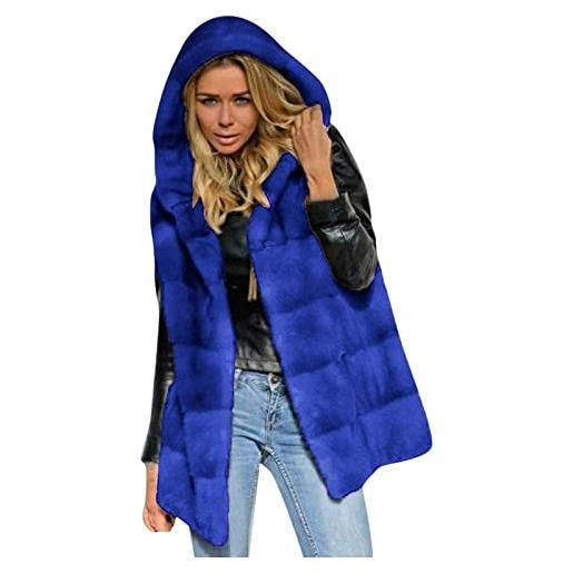 TRIGLICOLEUM gilet in pelliccia sintetica da donna, alla moda, tinta unita, con cappuccio, grandi dimensioni, senza maniche, in pelliccia sintetica, giacca spessa e calda pelliccia, blu, xxxxl