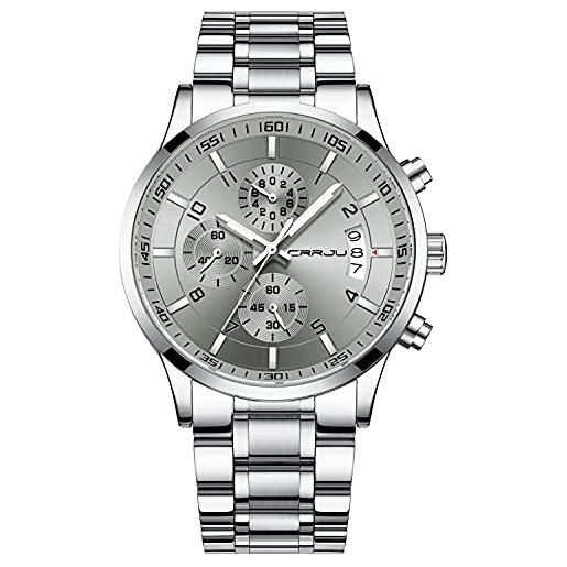 CRRJU - orologio da polso da uomo, in acciaio inox, impermeabile, con data, cronografo, cinturino in acciaio inox, impermeabile, grigio argento, 