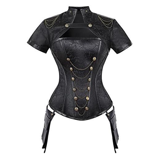 Masrin corsetti da donna, vintage, in similpelle, con maniche corte e colletto alto, stile gotico, steampunk, shapewear medievale, corpetto esterno