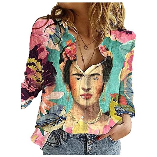 oneforus camicia abbottonata per donna camicetta di lino con scollo a v pittura a olio stampata a maniche lunghe top basic s-xxxl