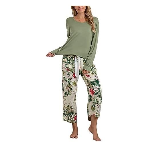 OUSHOP pantaloni corti stampati in cotone modale girocollo tinta unita da donna autunno set pigiama casual ampio classico per la casa, verde, 3xl