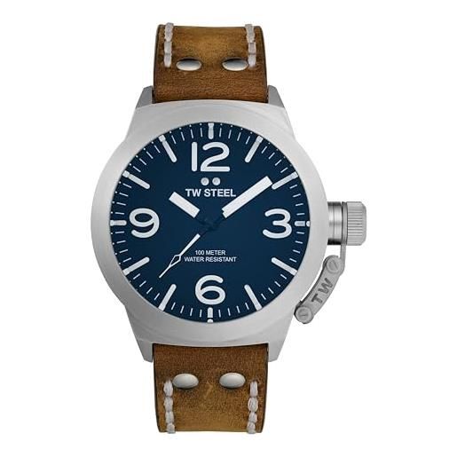 TW Steel canteen mens 45mm quartz watch with 3-hands movement and brown leather strap