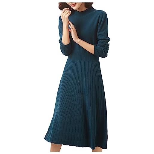 Dninmim lady loose pullover cashmere bottoming dress women's half dolcevita abito maglione lavorato a maglia al ginocchio blue l