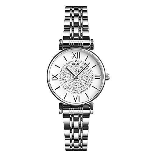 Skmei orologio da donna classico con cinturino in acciaio inossidabile con pietre di cristallo, argento, braccialetto