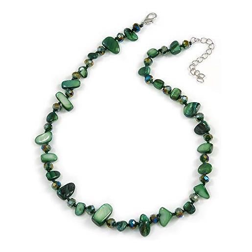 Avalaya delicata collana con pepite e perle di vetro verde foresta, lunghezza 48 cm, lunghezza 6 cm, misura unica, vetro vetro guscio di mare