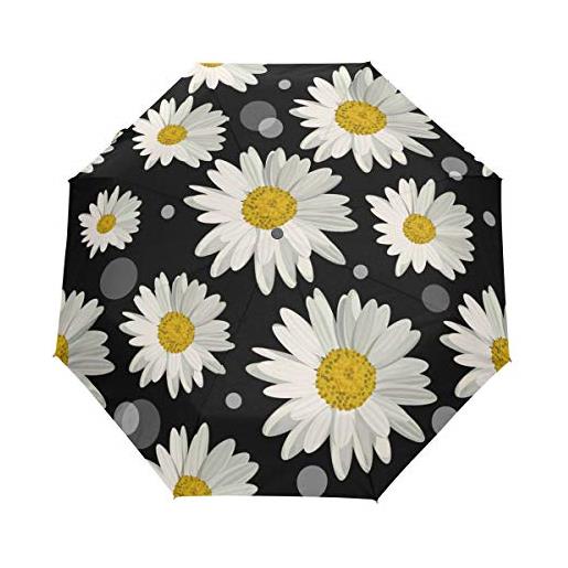 HMZXZ rxyy - ombrello da pioggia leggero da viaggio, con motivo floreale e margherite, colore bianco, a pois, pieghevole, apertura automatica, per donne, uomini, ragazzi, ragazze, antivento, compatto, da