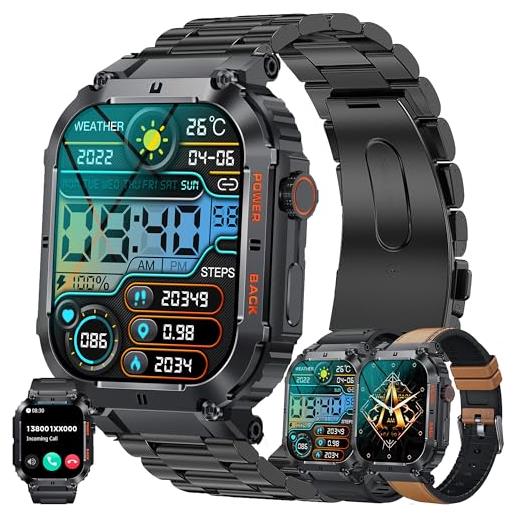 LWEARKD 1,96" smartwatch uomo chiamate e risposta bluetooth, 3 bracciali, 123 sport smartwatch cardiofrequenzimetro pressione sanguigna monitoraggio del sonno orologio fitness per android ios (nero)