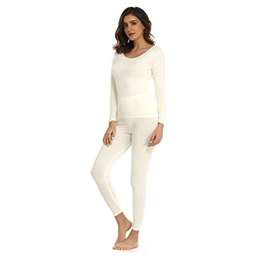 Mcilia - completo intimo termico da donna, modale ultra sottile, con scollo rotondo, camicia a maniche lunghe & leggings, bianco avorio medium (eu 40 42)