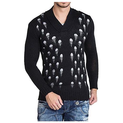 Cipo & Baxx maglione da uomo con collo sciallato, look destroyed, nero , xxl