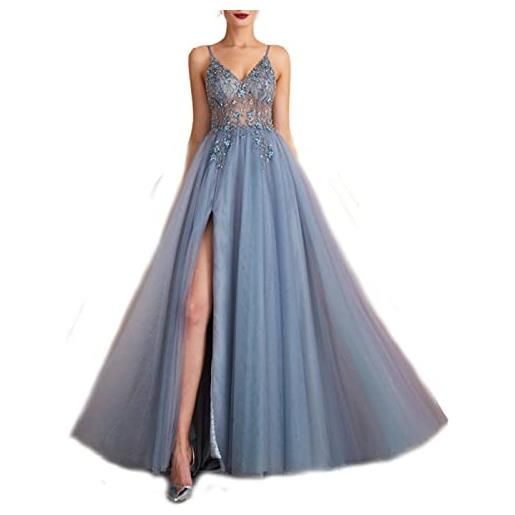 yhfshop vestito da cerimonia donna lungo, abito da sera in rilievo con scollo a v diviso sexy, gray blue, us2, damigella vestito elegante abito da