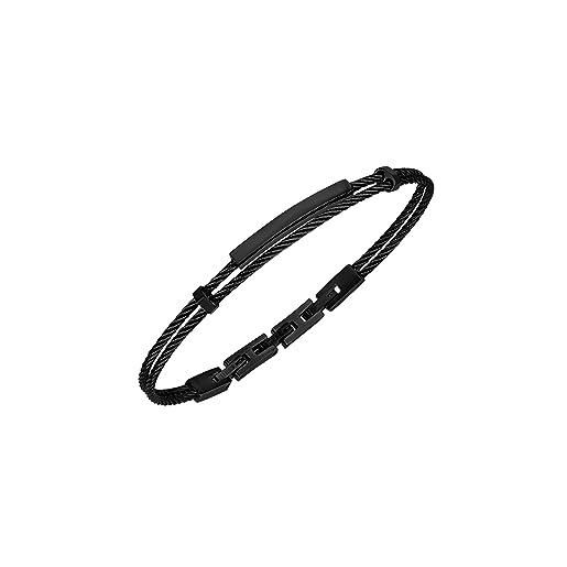 Breil, collezione loop, bracciale uomo in acciaio specchiato nero, con sottili cavetti ed elemento centrale personalizzabile con incisione, pratica chiusura regolabile 17.5-20.3 cm, nero