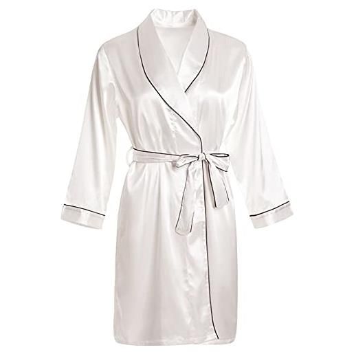 DEBAIJIA donna pigiama camicia notte imitava la seta signora vestaglia raso accappatoio femminile sleepwear traspirante accogliente (bianco-l)