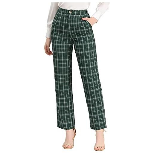 Allegra K pantaloni casual da donna a quadri tasche gamba dritta lavoro ufficio pantaloni, verde, nero, bianco. , 44