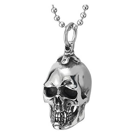 COOLSTEELANDBEYOND piccolo cranio collana con pendente da uomo, ciondolo teschio, acciaio, argento, palla catena 60cm