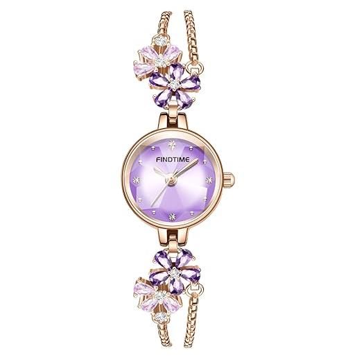 findtime orologio analogico da donna, elegante, elegante, con diamanti, in lega, a forma di fiore, impermeabile, colore: viola, viola