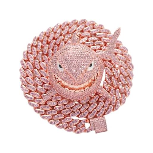 HALOKAIYA icediamond collana a catena cubana con ciondolo squalo diamante rosa fantasia, gioielli hip hop taglia l placcati oro per uomo donna (rose, 20''cuban)