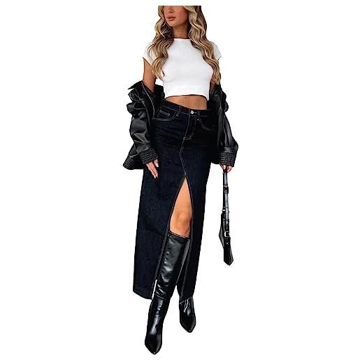 Gonna Lunga Jeans Donna Vita Alta Con Spacco - Denim Vintage Y2K, Tasche, Stile Harajuku