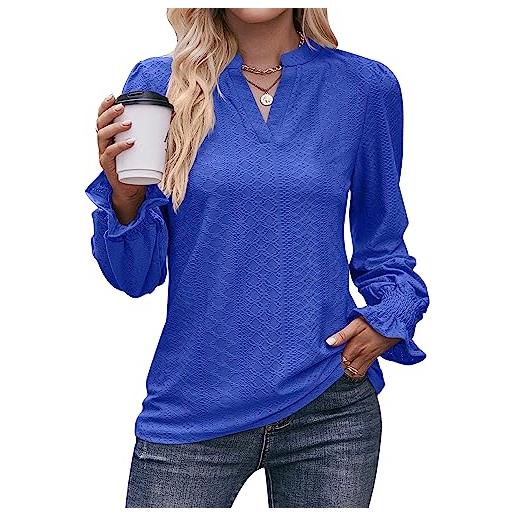 CLOOCL women solid colour t shirt mesh v neck top casual business ruffle sleeve long sleeve blouse for women(blue, xl)