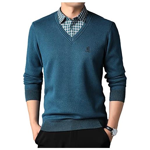 Yukirtiq maglione lavorato a maglia con collo a v da uomo con inserto in pile foderato maglione invernale caldo manica lunga pullover tinta unita, blu, xl