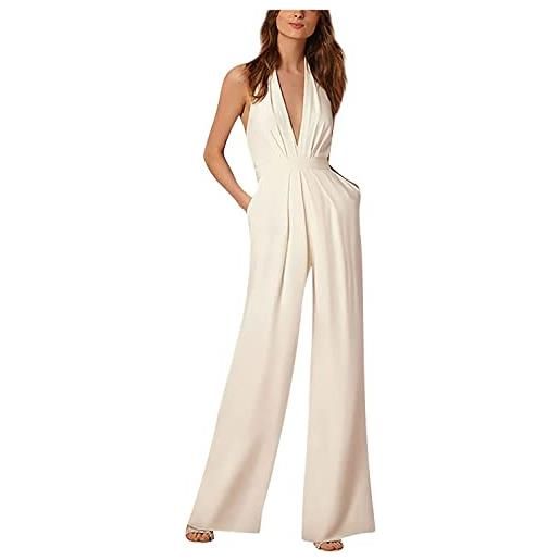 Vagbalena donna sexy appeso collo lungo scollo a v tinta unita sette punti manica chiffon tuta elegante abito da invitata a nozze con tasche vita alta set di pantaloni cattivi (bianco, s)