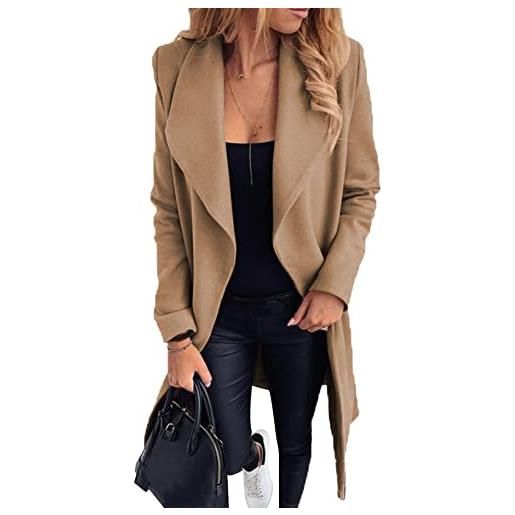 YMING donna moda trench cappotto lungo in misto lana con risvolto frontale aperto giacca elegante cappotto caldo nero xs