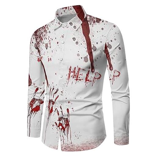 JMEDIC camicia facile stiro camicia stampata a mano con impronta di sangue di halloween maschile camicia abbottonata a maniche lunghe con risvolto festivo e inquietante festivo camicia maniche (white, xxl)