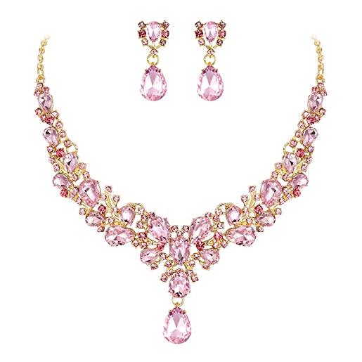 EVER FAITH set di gioielli da damigella in cristalli sposa con strass, set di collana orecchini in goccia d'acqua fiore foglia elegante per donne rosa oro-fondo