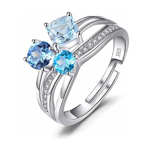 JewelryPalace anello a tre pietre donna argento 925 con genuino topazio azzurro, infinito anelli regolabili donna con pietra a taglio cuscino, fedina zirconi anelli anniversario set gioielli donna