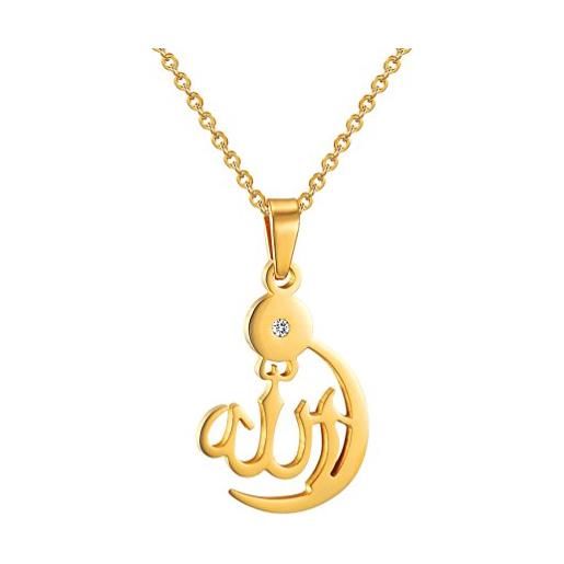 PROSTEEL collana pendente donna allah, catena regolabile 50 55cm, acciaio inox placcato oro 18k, gioiello religioso religione sura islamico musulmano, oro (confezione regalo)