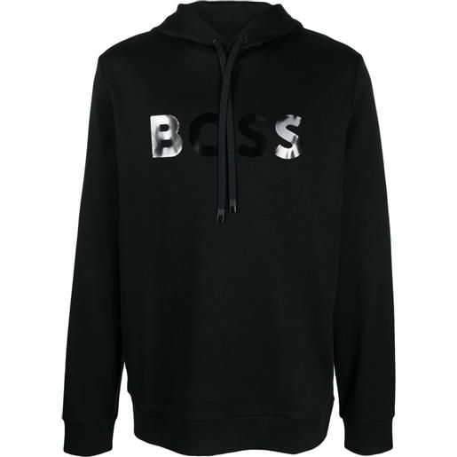 BOSS mirror-effect logo drawstring hoodie - nero