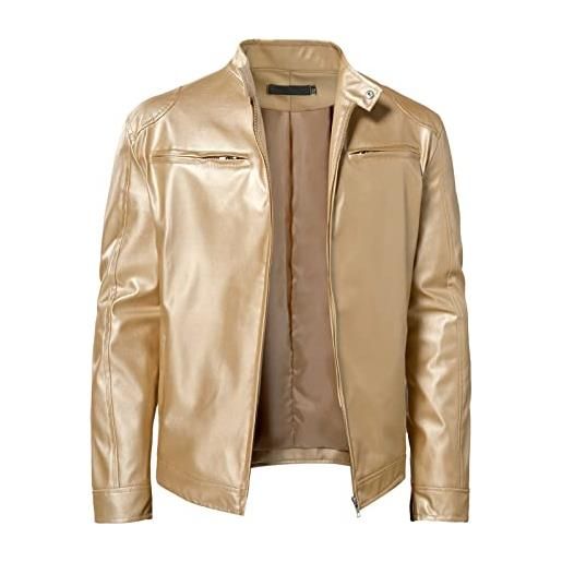 BIISDOST maschio inverno solido patchwork giacca di pelle cerniera manica lunga tasca giacca inverno camouflage uomo, gold, m