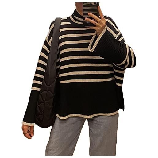 FeMereina manica lunga a righe maglione dolcevita casual sciolto laterale spaccato a costine maglia pullover top, nero e bianco, l