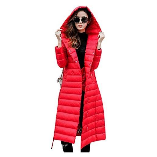 ShiFan cappotto leggero cintura donna con cappuccio piumino imbottito lungo giacca antivento rosso s