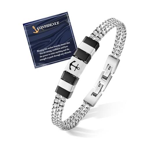 FANCIBAND bracciale uomo acciaio inox doppio con ancora ad timone regolabile personalizzato bracciale uomo portafortuna regalo per marito fidanzato fratello-ancora nera