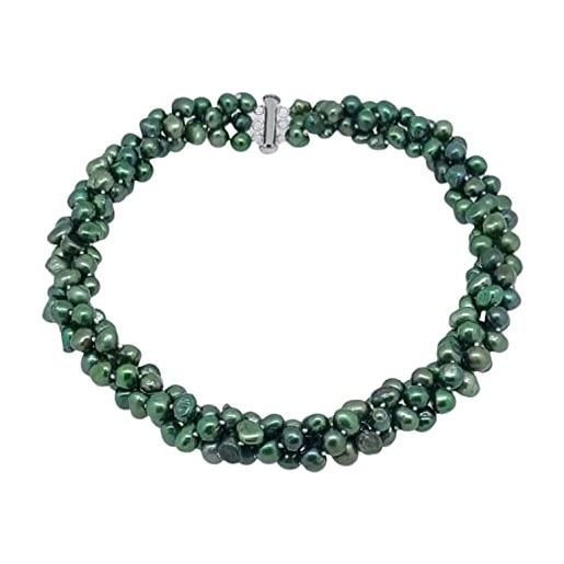 TreasureBay, collana a tre fili multipli, moderna, con perla coltivata d'acqua dolce e fermaglio scorrevole in argento e placcato argento, colore: green, cod. X32v58tb