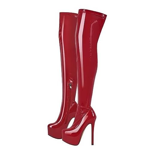 blingqueen stivali elasticizzati da donna sopra il ginocchio, con plateau, rosso laccato, 39 eu