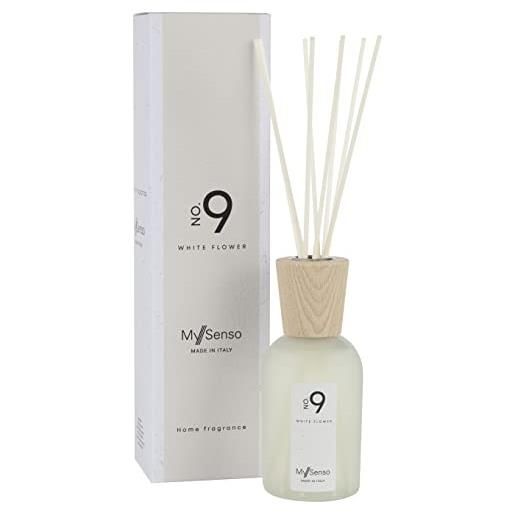 MySenso - n°9 white flower - diffusore a bastoncini - fragranza per casa e ambiente - profumo fiorito, dolce, fruttato - confezione regalo sostenibile