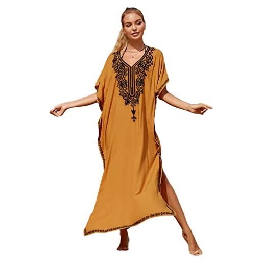 Bciopll donne boemia caftano stile marocco abiti deserto ricamo tribale modello caftan beach cover ups, giallo, taglia unica