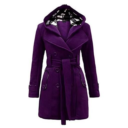 YMING donna elegante inverno caldo cappotto con cappuccio risvolto giacca con tasche cappotto trench all'aperto autunno casual giacca avvolgente blu reale xl