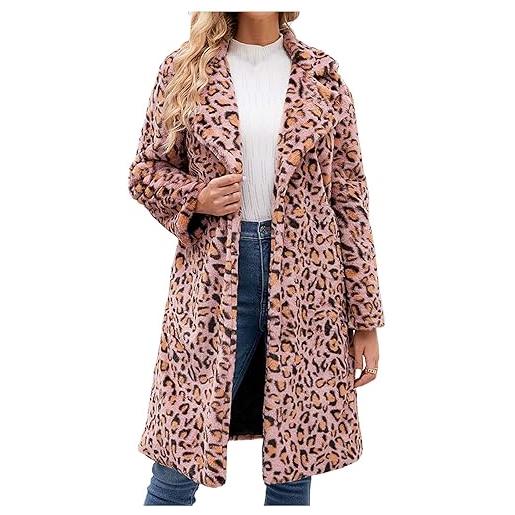 TRIGLICOLEUM giacca lunga da donna in pelliccia sintetica di grandi dimensioni, in pelliccia leopardata, morbida, spessa e calda, in pelliccia sintetica, colore: rosa. , xxl