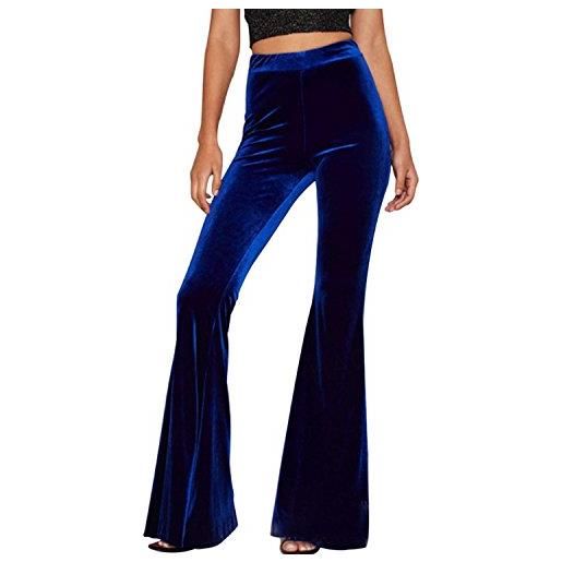 Laemilia - pantaloni da donna in stile boho, comodi, elasticizzati, con campanella, per yoga, casual, in velluto, a vita alta blu 44