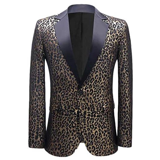 Alloaone giacca da abito leopardato giacca da uomo con risvolto a punta con un bottone blazer da cerimonia nuziale cantante costume di scena gold black m